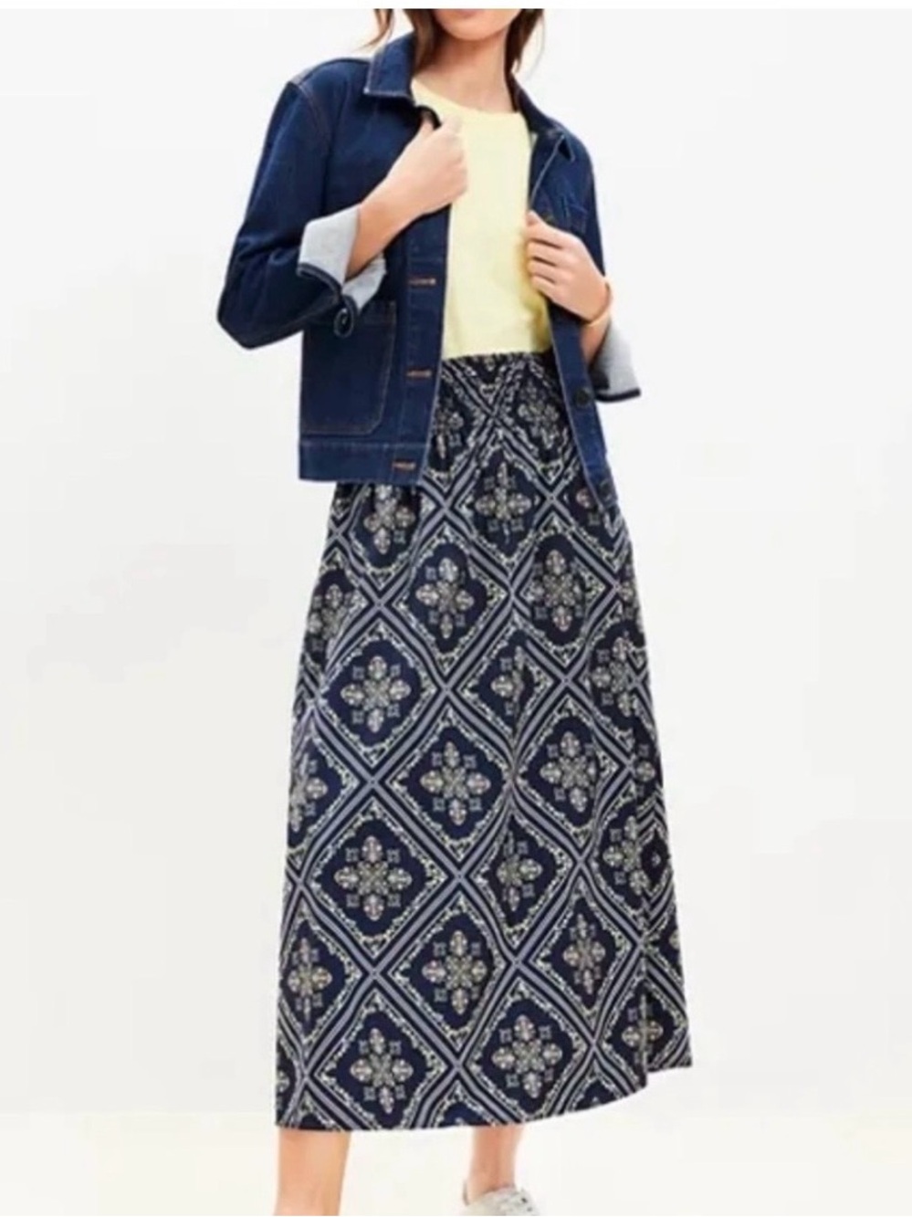 LOFT Navy Floral Print Midi Skirt